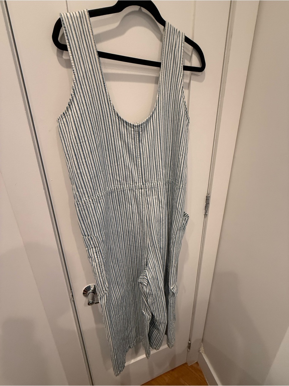 Striped Sleeveless Linen Blend Jumpsuit Dress in Light Blue and White - Picture 2 of 2